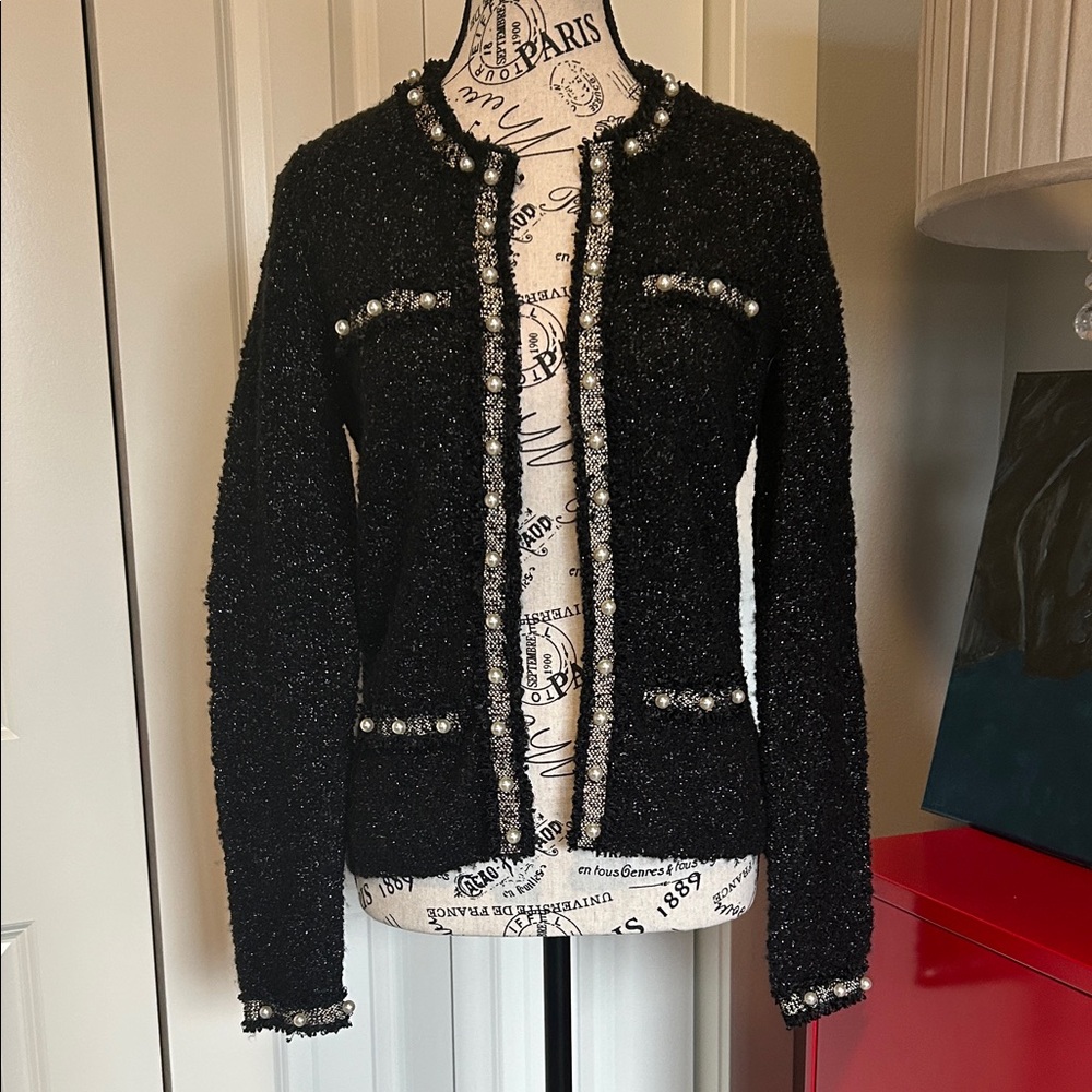 Channel like Elegant Black Iridescent Tweed Cardigan with pearl accents by WHBM